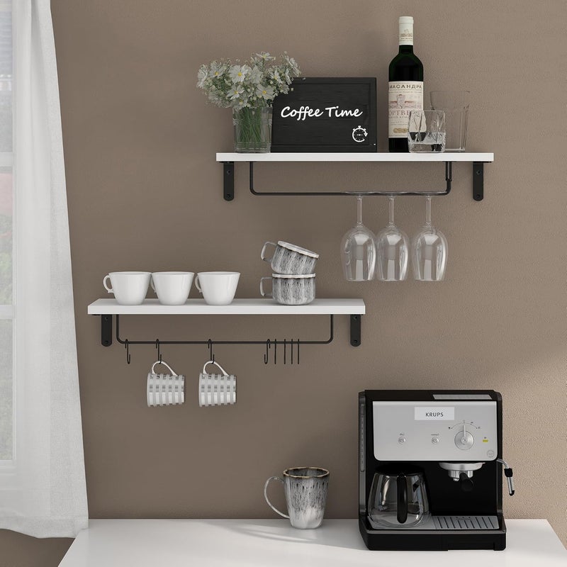 Afuly Coffee Bar Shelf, 20 Inch Wall Mounted Shelves for Mugs & Glasses, Floating Shelves with 8 Hooks, Coffee Cup Wall Holder, Set of 2 - Image 3